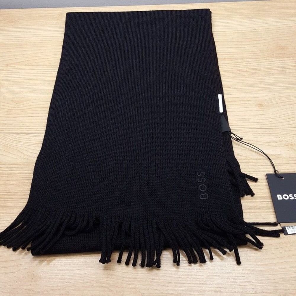 HUGO BOSS Scarf Mens Black 100% Wool Knit Logo Fringe ALBAS 68x10